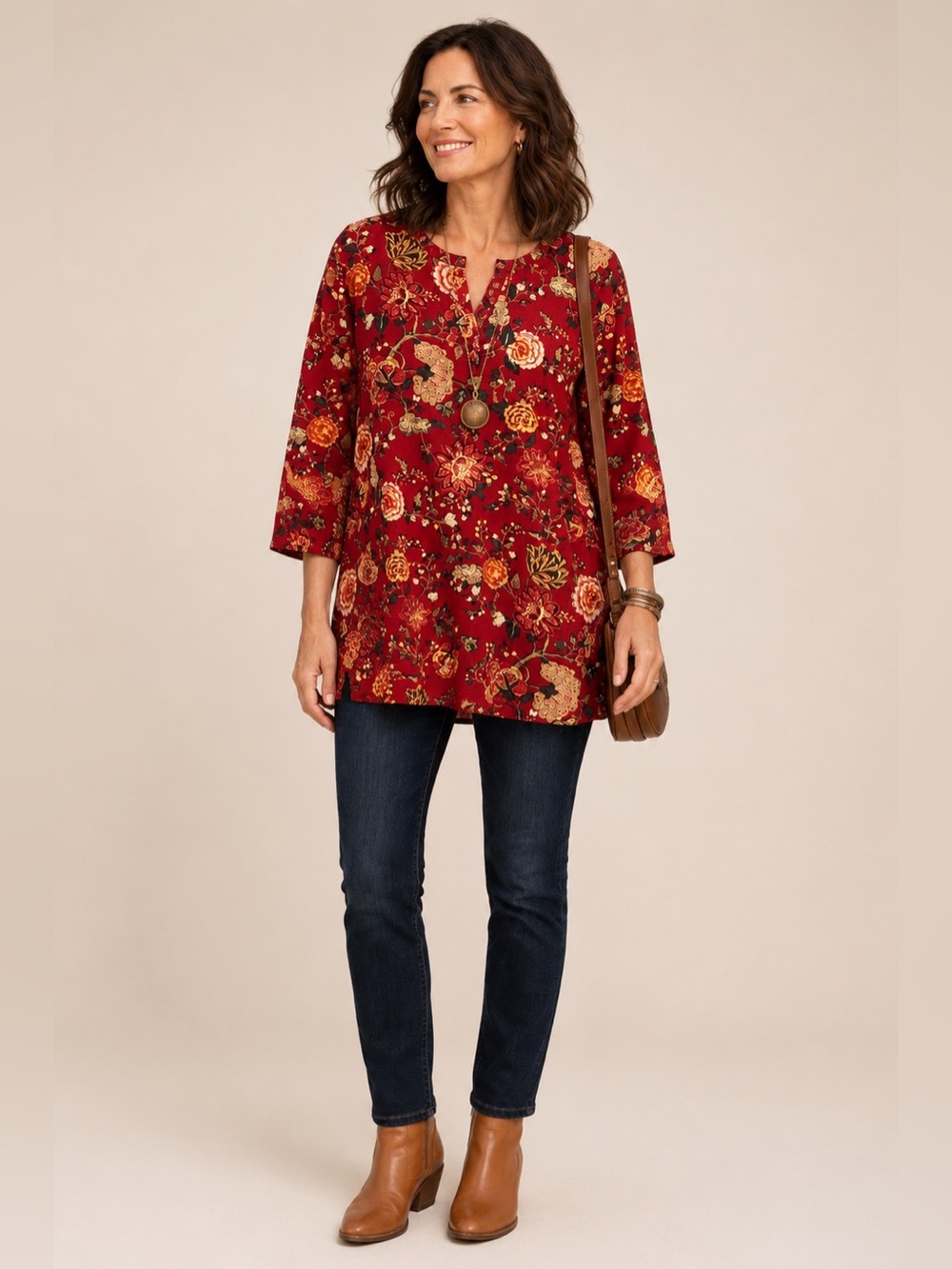 Dolma Red Floral 100% Cotton Split Neck Boho Tunic Top L Cottagecore Artisan